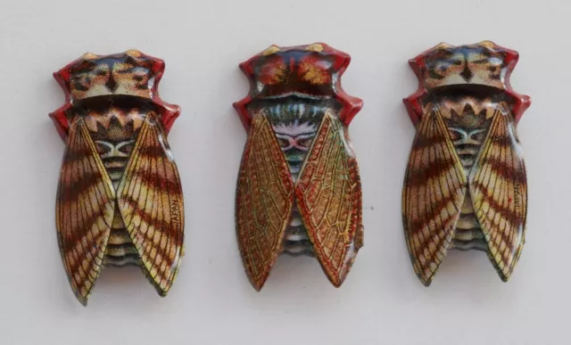 3 x Vintage Retro Tin litho Brooch Pin cicada bug insect Made in Japan
