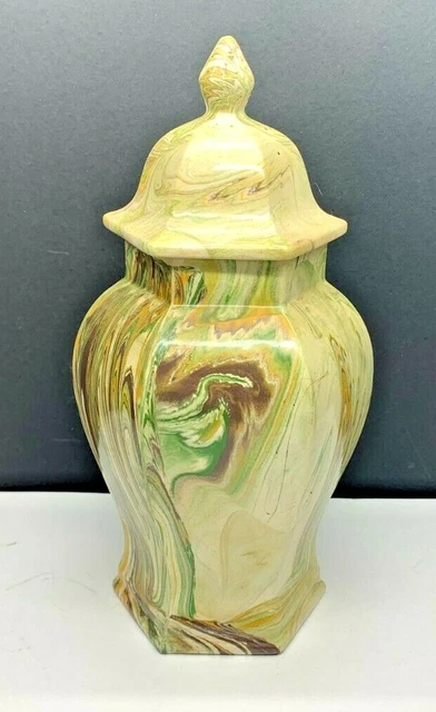 Vintage Ceramic Earthtone Swirl Hexagon Covered Urn-Unmarked