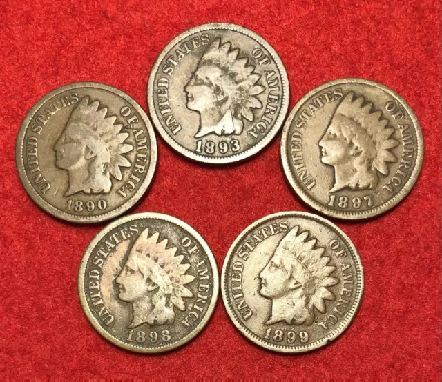 (5) Vintage Indian Head Pennies 1 Cent US Coins Penny Lot 1890s AG or Better!