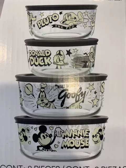 Disney 100 Year Anniversary 8 Pieces Pyrex Glass Food Storage 4 Bowls And 4 Lids