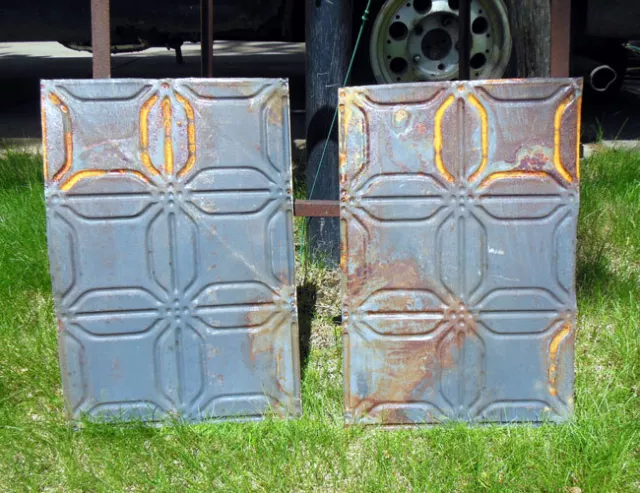 SALE 2 Antique Ceiling Tin Tile Simple & Elegant Pie Cupboard Doors Cottage Chic 2