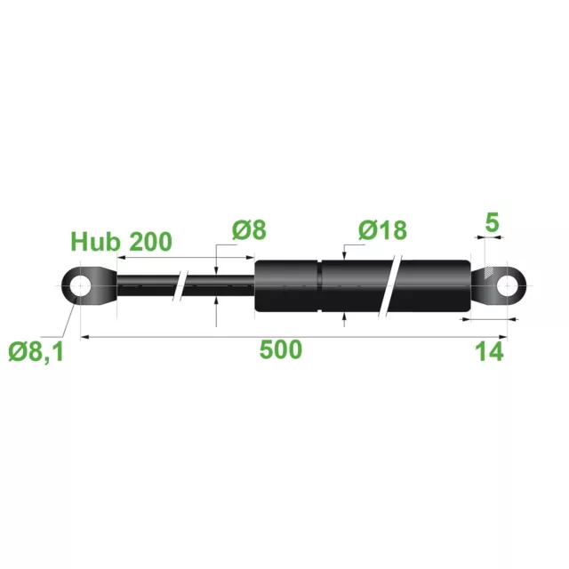 Gasdruckfeder Lift Haubenheber 300N Hub=200 Länge 500 Ø 8/18 mm - Made in EU