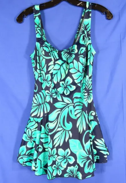 ROSE MARIE REID Hawaiian Floral FULL SKIRT SWIMSUIT Molded Cup Bra TURQUOISE 14