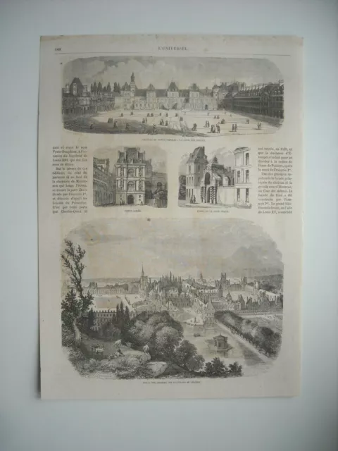 Gravure 1864. Chateau De Fontainebleau. La Cour Des Adieux. Porte Doree. Vue A V