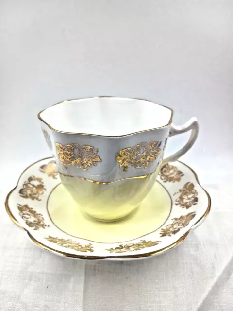 Vintage Crownford Fine Bone China Pale Yellow Gold Trim Teacup & Saucer Set