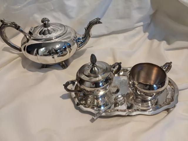 Vintage 5 pc Silver Tea Set Morton Parker Teapot Leonard Creamer Sugar Platter