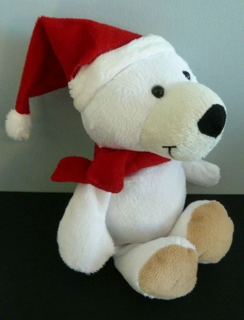 *. DOUDOU PELUCHE KINDER OURS BLANC ROUGE BONNET ECHARPE NOEL 24cm ETAT NEUF*