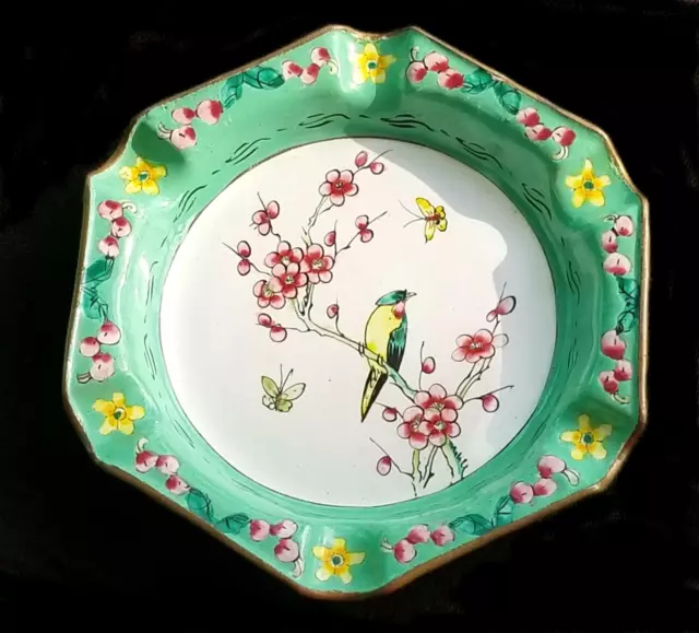 Vintage Asian Hand-Painted Ashtray - Enamel Over Brass - Floral & Bird Theme
