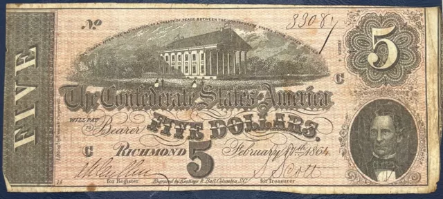 1864 $5 Dollar Bill Confederate States Currency Civil War Note