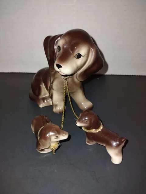 Vintage Porcelain Dachshund Mother And Puppies On Chain Made In Japan