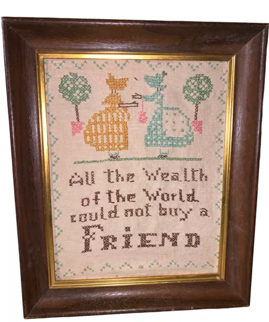 Vintage Framed Cross Stitch Friendship Wall Art / Friendship Needle Point