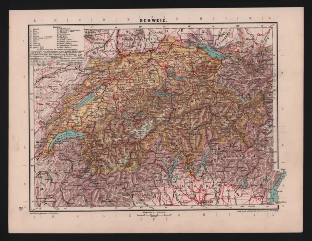 Landkarte map 1927: Schweiz. Basel Zürich Lausanne Genf