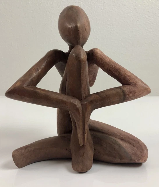 Vintage Abstract Wood Carving Figure Yoga Pose Hand Carved Praying Man Sculpture