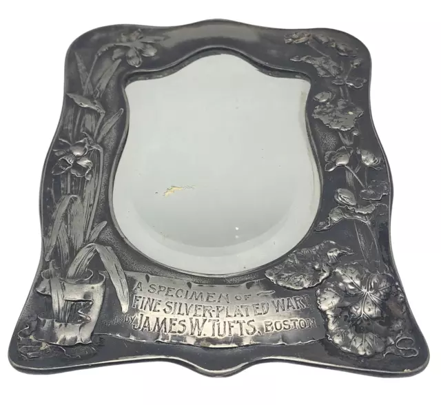 Antique JAMES W. TUFTS Silver Plate 11 1/4" Art Nouvea Floral Mirror