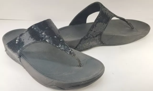 FitFlop Electra Classic Black Sequin Thong Comfort Sandals Size 8 /EU 39