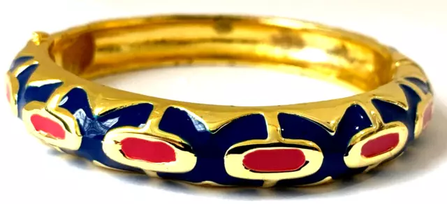 FORNASH Navy Blue & Red Enamel Gold Tone Hinged Clamper Bracelet