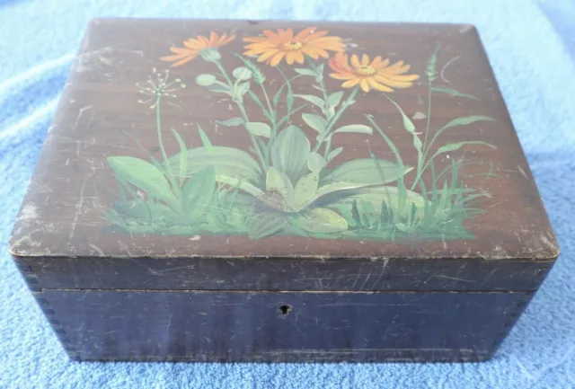 VINTAGE ANCIEN BOITE COFFRE CAISSE EN BOIS FLEURS Serrure Wooden box Holzkiste