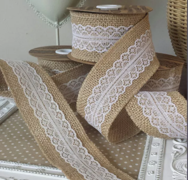 Half Metre x 50mm Woven Edge Hessian & White or Ivory Lace Rustic Vintage Ribbon