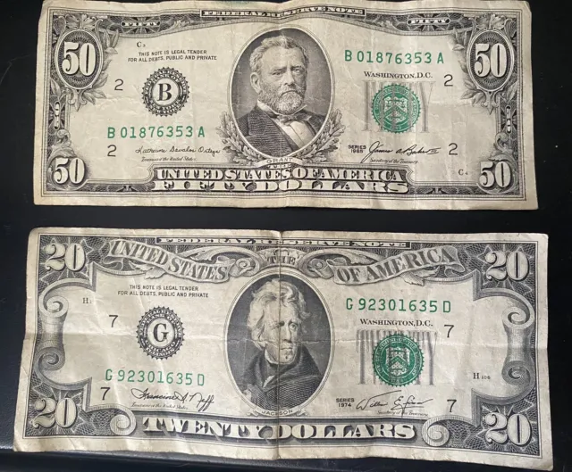 1985 $50 Fifty Dollar Bill Federal Reserve Note. 1974 $20 Twenty Dollar Bill.