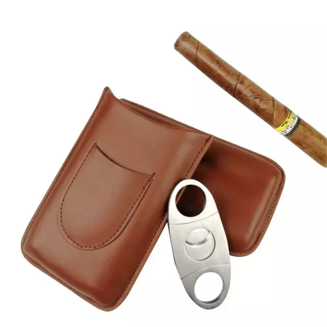 Cattlehide Pocket Cigar Holder Storage Carrying Case Humidor W/ Cigar Cutter