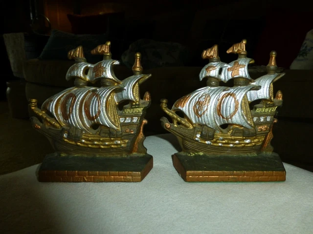 A Pair Of Heavy Metal Bookends-Shaped Like Sailing Ships-Small, Original Paint