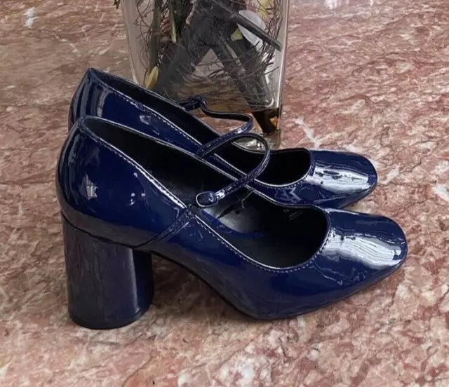 NWT ZARA MARYJANE Blue Patent Leather Block Heel Shoes US 6.5/EU 37 $74 ...
