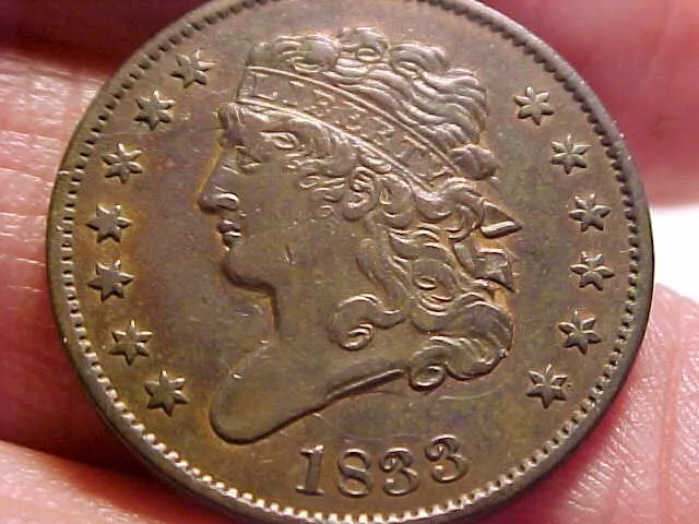 1833 Half Cent, Classic Head, Tough Early Date Copper NICE XF - AU GRADE !
