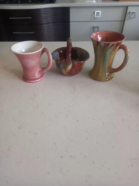 3 Old Ewenny Pottery Ceramics, 2 Small Vases & A Basket
