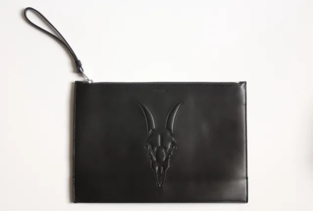 All Saints 'Stockwell' Black Leather Clutch Back Embossed Ramskull