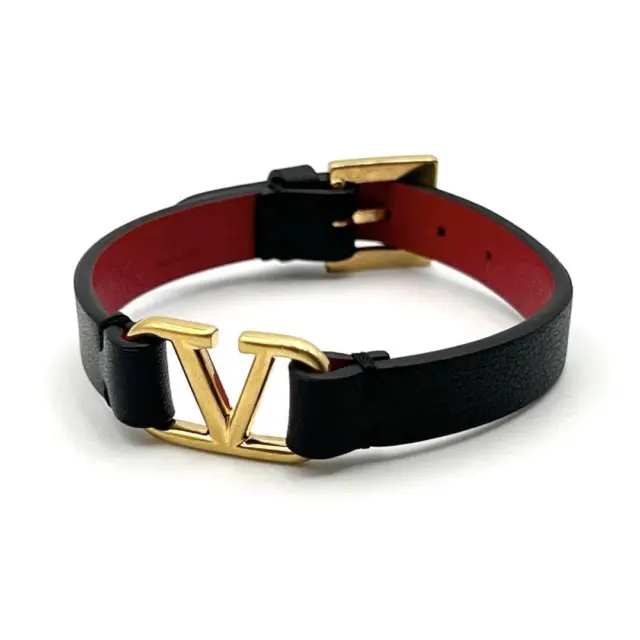 Used VALENTINO GARAVANI Womens Bracelet V Logo Signature Gold Tone Leather