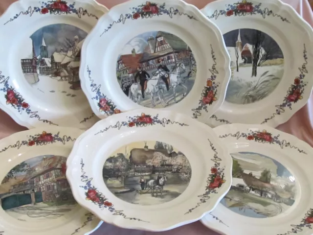 Série de 6 assiettes plates faïence Sarreguemines Obernai 6 décors H Loux 25 cm