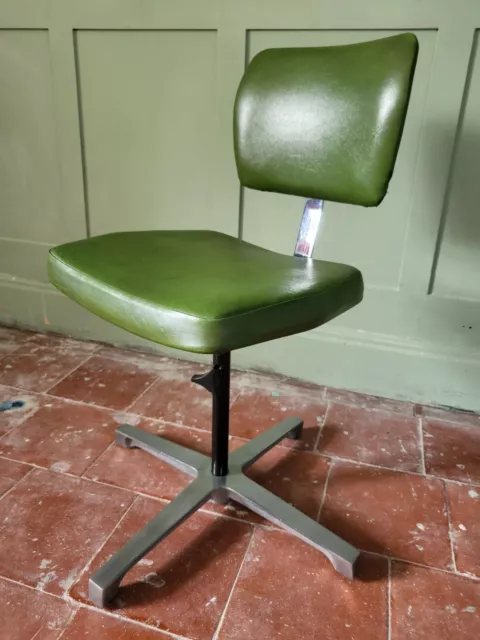 Vintage mid century industrial green leatherette, steel and polished chrome swiv