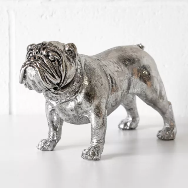 Silver Resin Bulldog Ornament 30cm Decorative Standing Dog Home Sculpture Figure