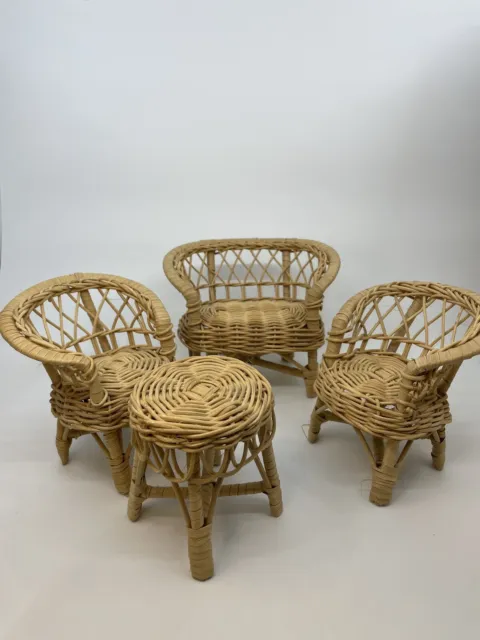 VTG Lot 4 Barbie Doll Wicker Furniture Patio Chair Bench Loveseat Table Set 5”