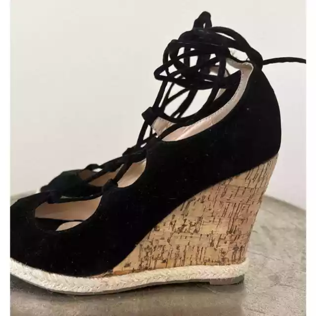 Chase & Chloe CE40 Peep Toe Wedge Lace Up Espadrilles Black Womens Size 9 3