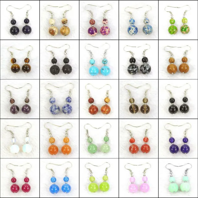 6-10mm Round Gemstone Beads Silver Hook Dangle Earrings Multiple Color Choices