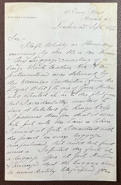 1872 Kingsford & Dorman, (Solicitors) 23 Essex Street, Strand, London Letter