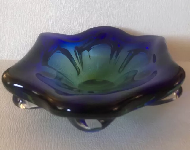 Vint Mid Century Cobalt Blue & Green Sommerso Art Glass Bowl Dish Murano