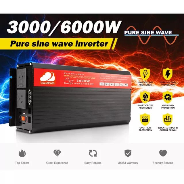 CloudPath 3000W/6000W Pure Sine Wave Power Inverter 12V-240V USB Caravan Boat