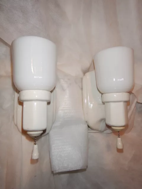 Deco Bungalow Bathroom Porcelain Sconces w/ Original Milk Glass Glass Shades-