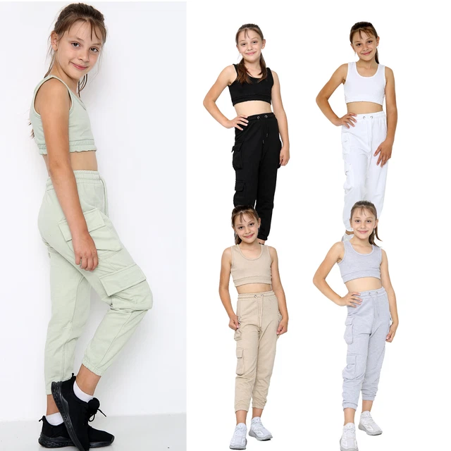 Girls Tracksuit Kids Sleeveless Crop Top Bottom Lounge Cargo Sports Joggers Sets