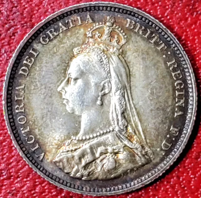 Great Britain 1887 1 Shilling Silver Coin .925 Nicely Toned High Grade Km#761