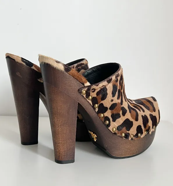 Womens Prada Vintage Leopard Print Clogs Wood Platform Y2K Size 36.5 US5.5