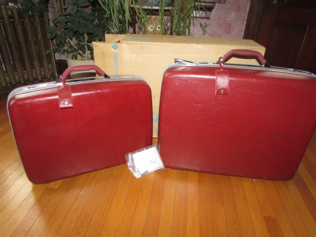 Vtg Pair Samsonite Profile Ii Hard Luggage Burgundy 26” Wheels 23” W Box & Keys