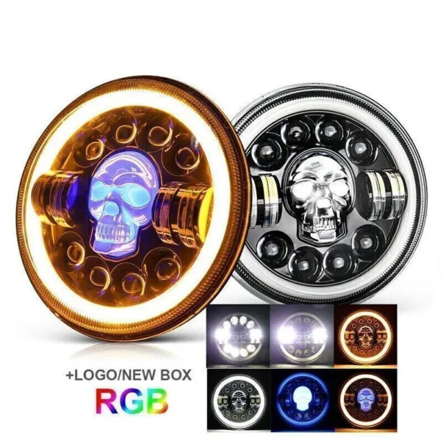 2x 7" Rund RGB Totenkopf LED Scheinwerfer Halo DRL für Jeep Wrangler JK LJ TJ CJ