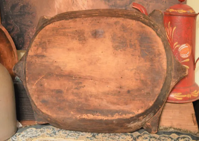 Early 1800's Primitive Antique Hand Hewn Wood Serving Dough Bowl Handles Patina 3