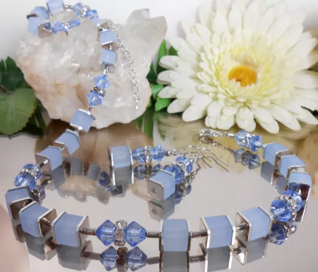 2er Set Würfel Collier + Ohrringe Hellblau Würfel und Glas Rhomben + Strass
