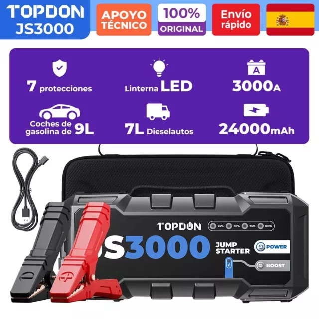 TOPDON JS3000 12V Arrancador de batería de coche Booster Power Bank 100-2000CCA