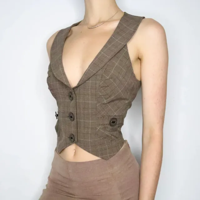 VTG Guess Brown Plaid Open Back Lace-up Halter Corset Vest Top Stretch Women XL