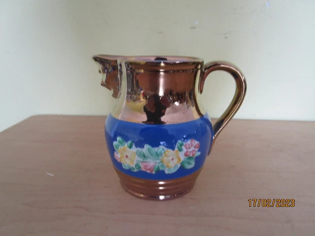 Sandland Hanley Copper Luster Jug with a Blue Strip Floral Design